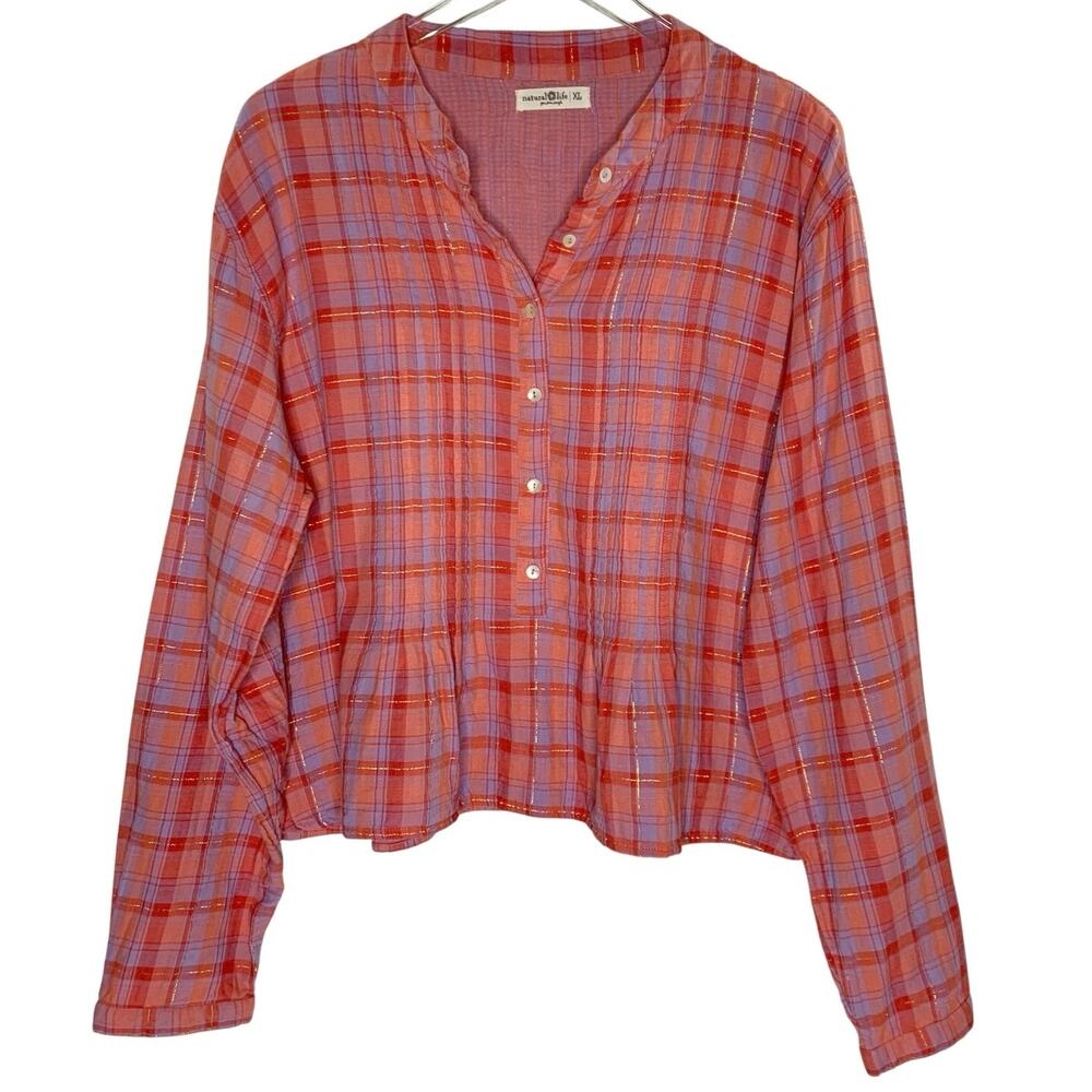 Natural Life Pink Plaid Long Sleeve Cotton Top XL Ruffle Hem Boxy Fit Boho
